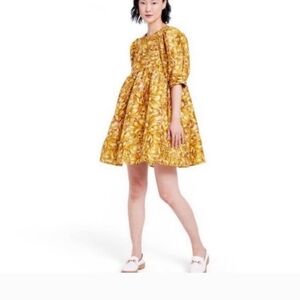 Kika Vargas Gold Mum Floral Puff Dress NWT